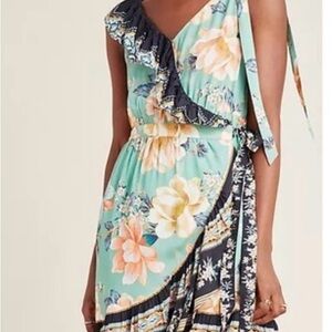 FARM Rio Floral One Shoulder Dress in Blue and Peach